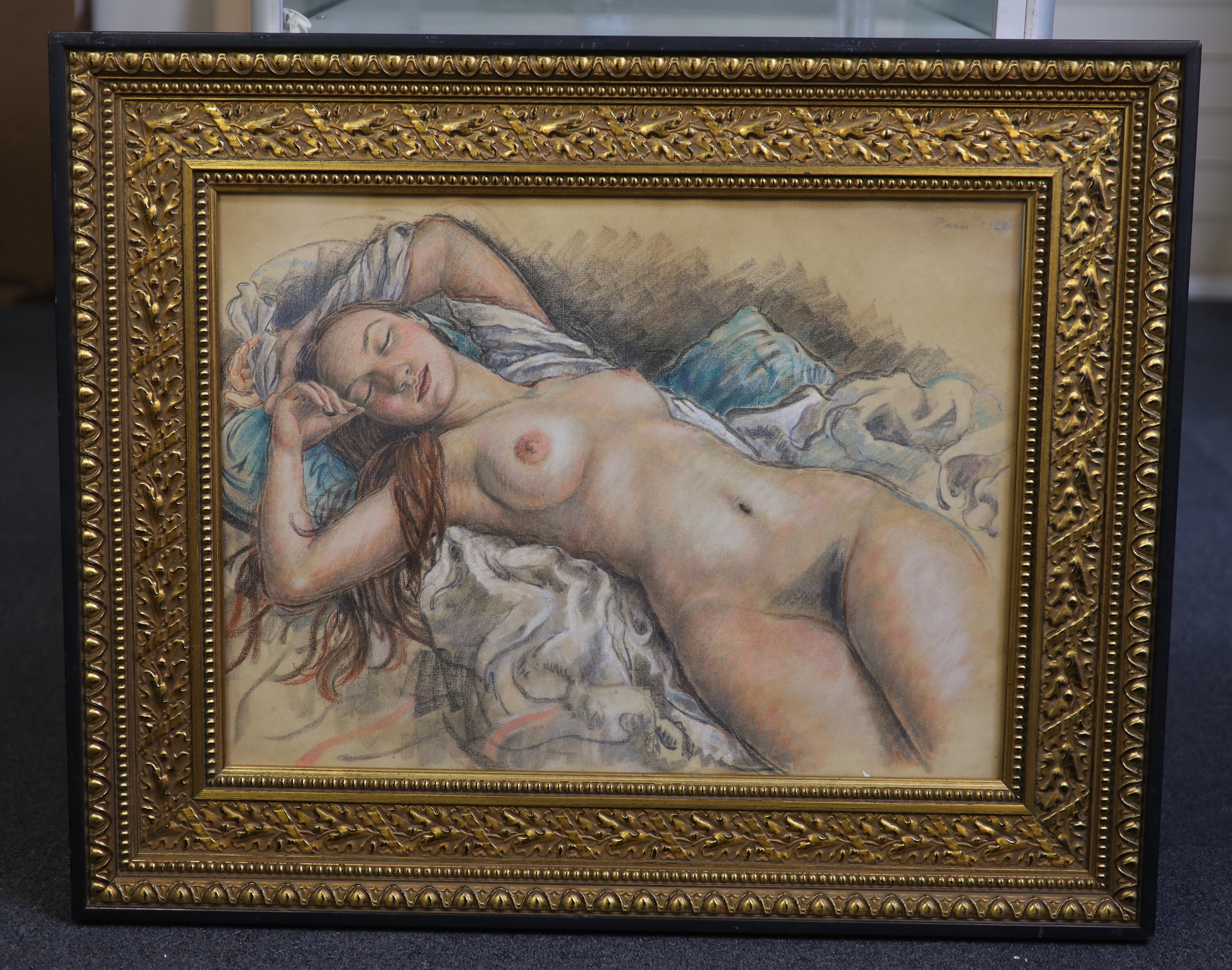 Attributed to Zinaida Evgen'evna Serebrjakova (Russian, 1884-1967), Reclining female nude, pastel on buff paper, 44 x 60cm